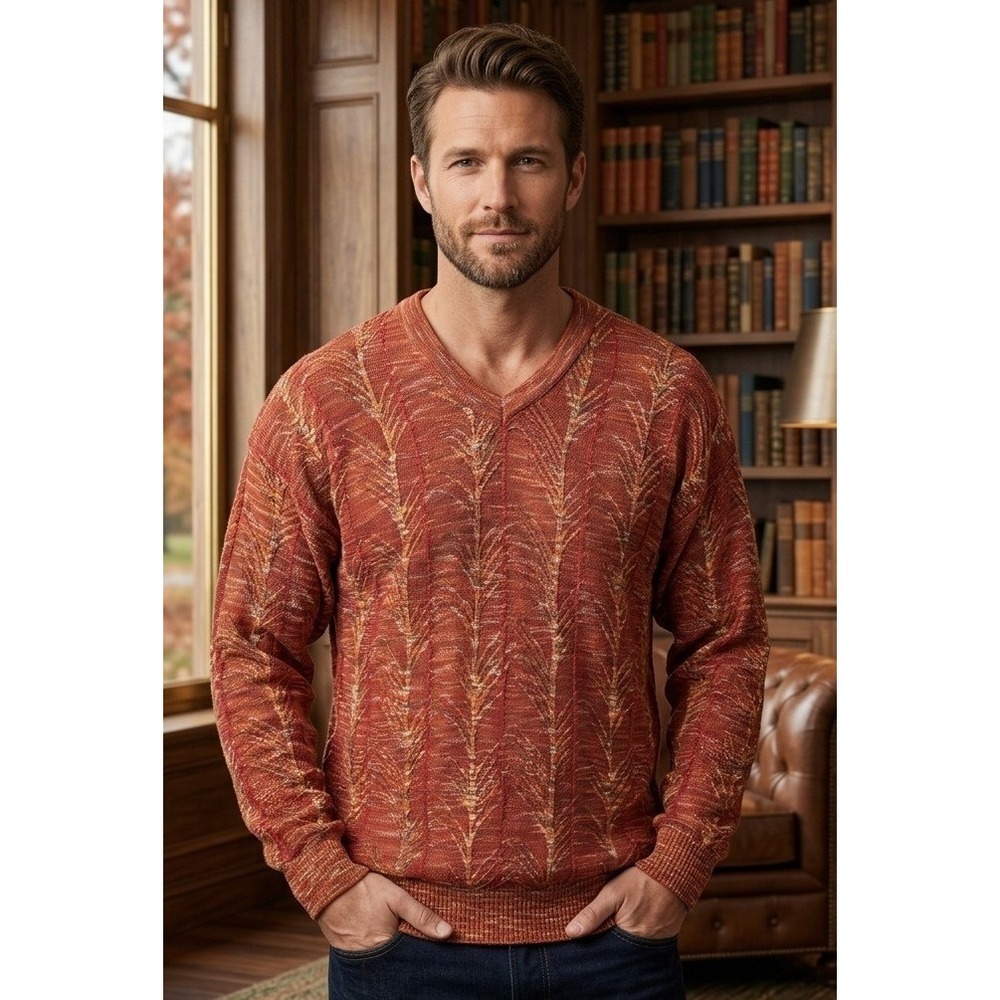 Vintage Tundra Canada V-Neck Knit Sweater‎ Men's L Orange Textured Cotton Chunky